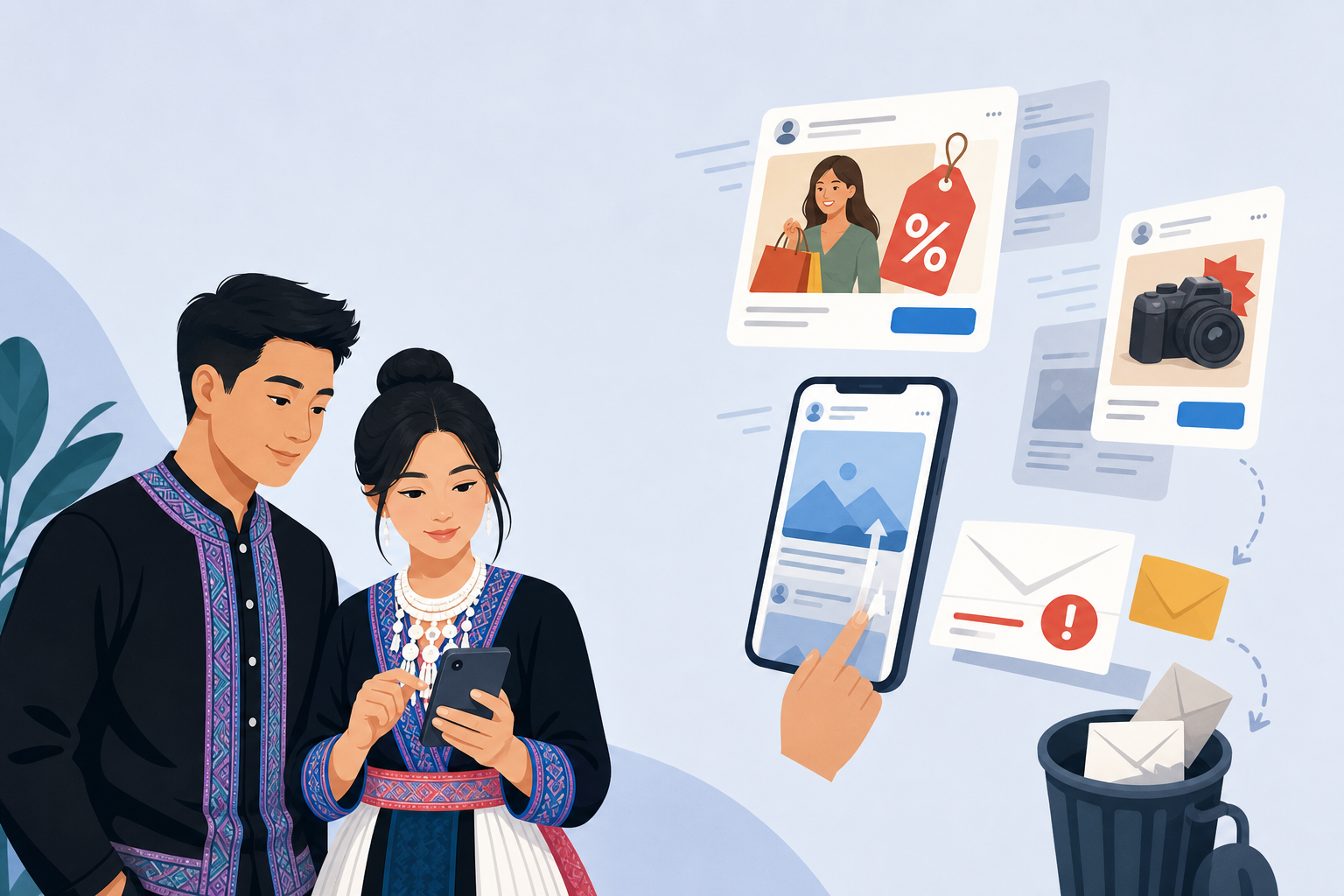 A man and woman in traditional embroidered attire browse a smartphone while surrounding ad banners, discount tags, and emails get swiped away and disc
