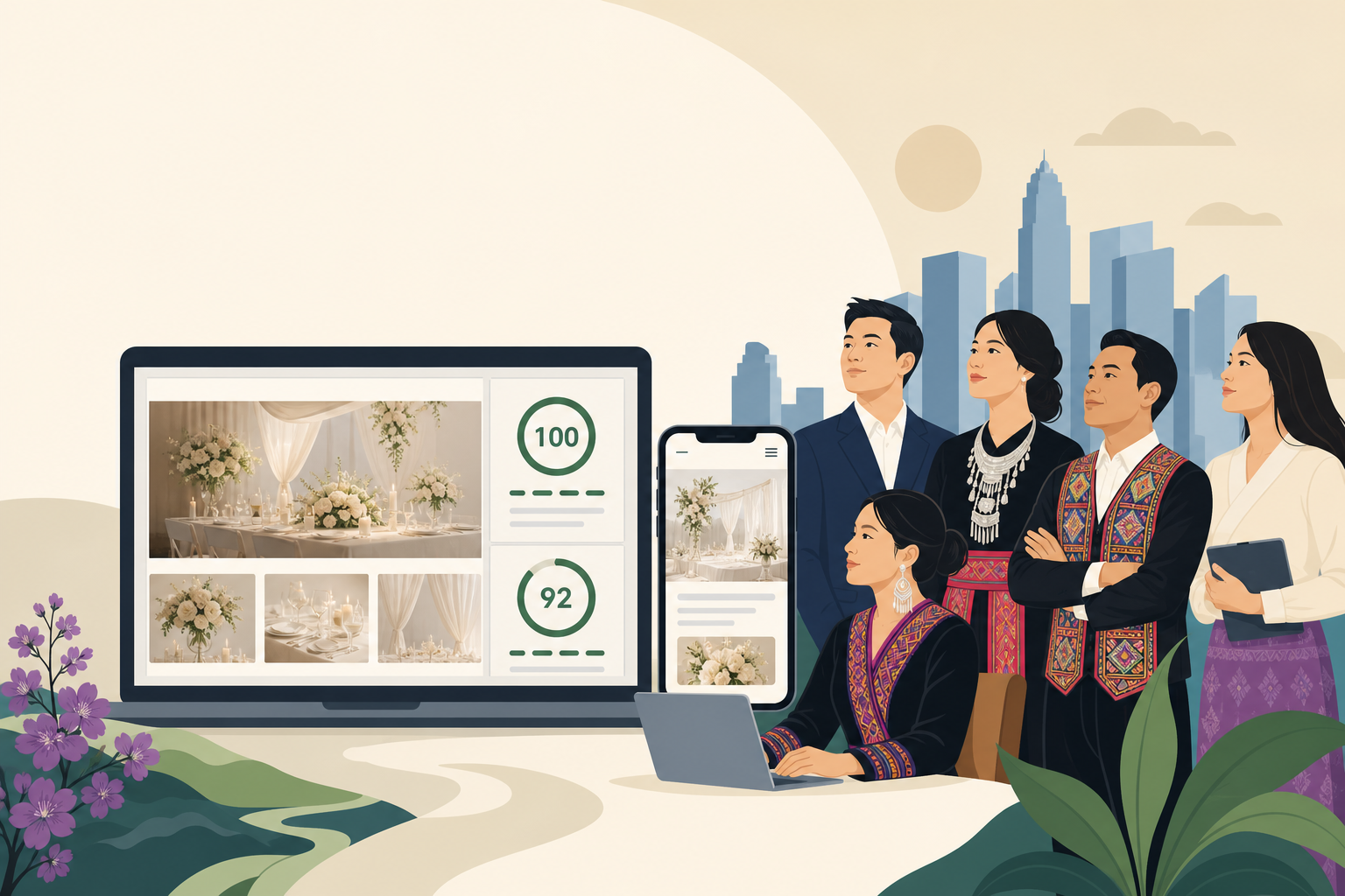 Illustration of five people in traditional attire beside a laptop and phone displaying wedding décor photos and score circles, with an Atlanta wedding