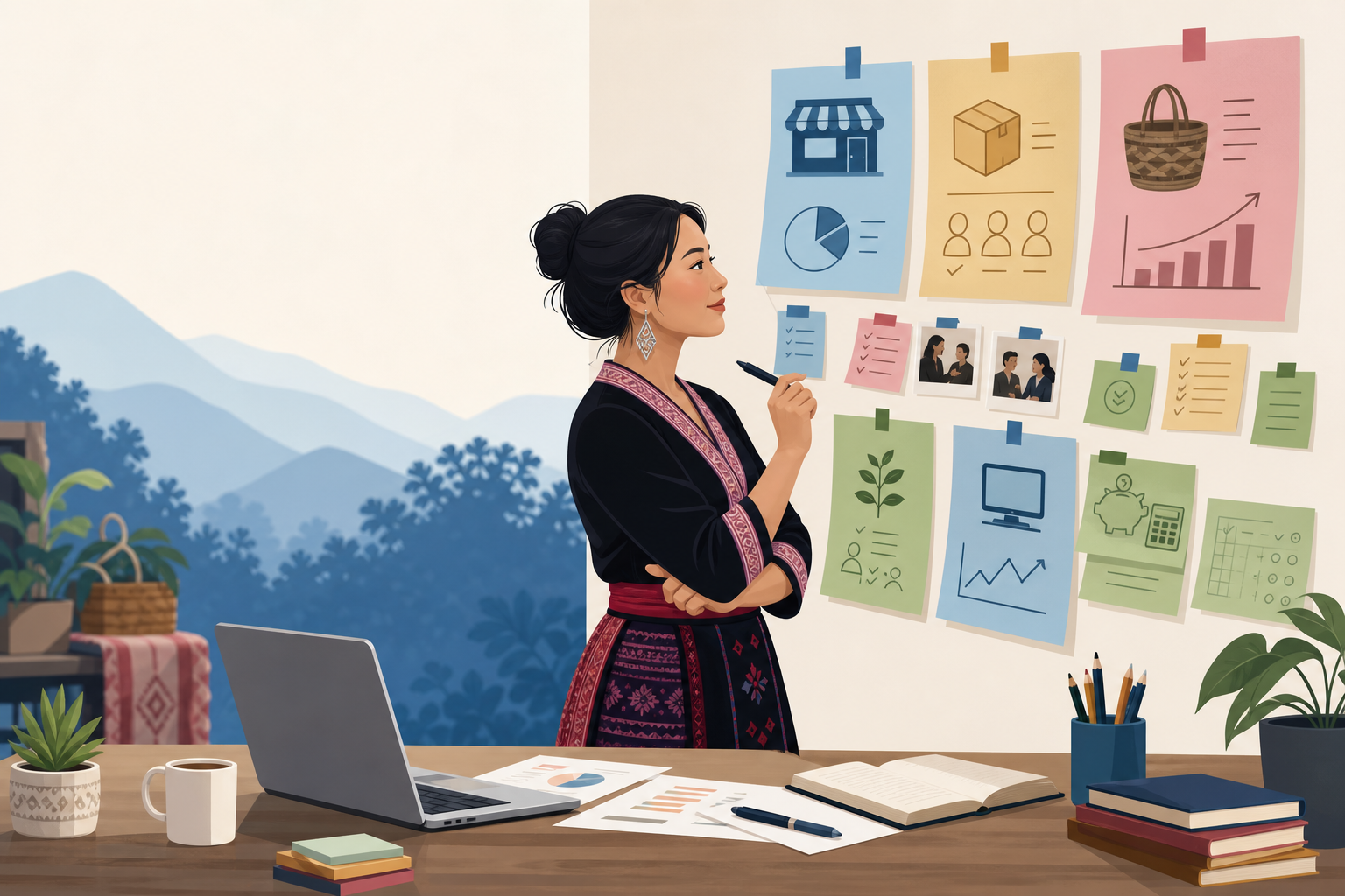 Illustration of a woman in traditional dress studying a wall of planning notes and charts, reflecting how to choose a business idea while surrounded b