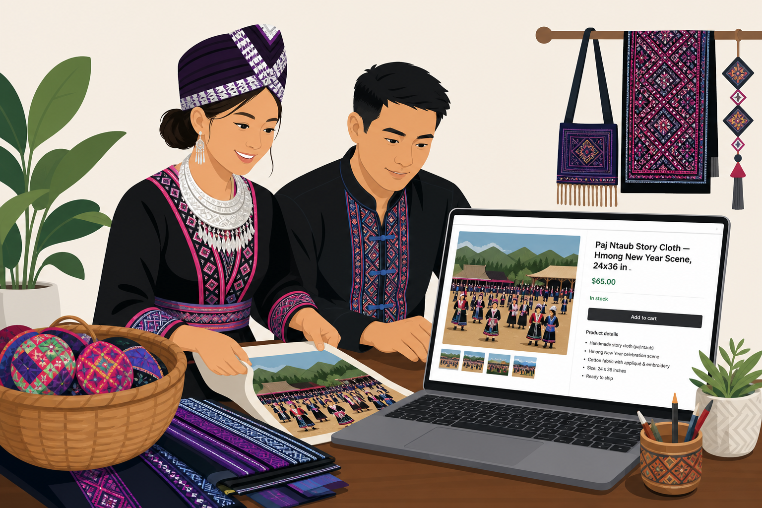 Illustrated Hmong couple in traditional embroidered attire review a laptop product listing for a handmade paj ntaub story cloth, surrounded by woven p