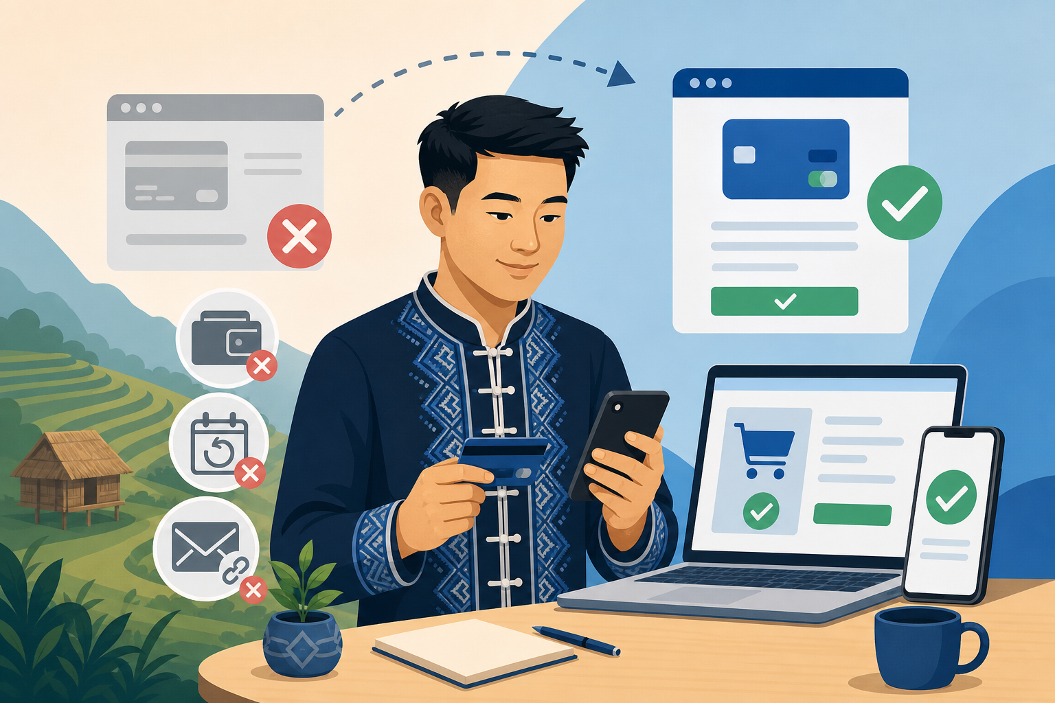 Illustration of a man in traditional embroidered attire holding a credit card and smartphone at a desk with a laptop and phone showing successful chec