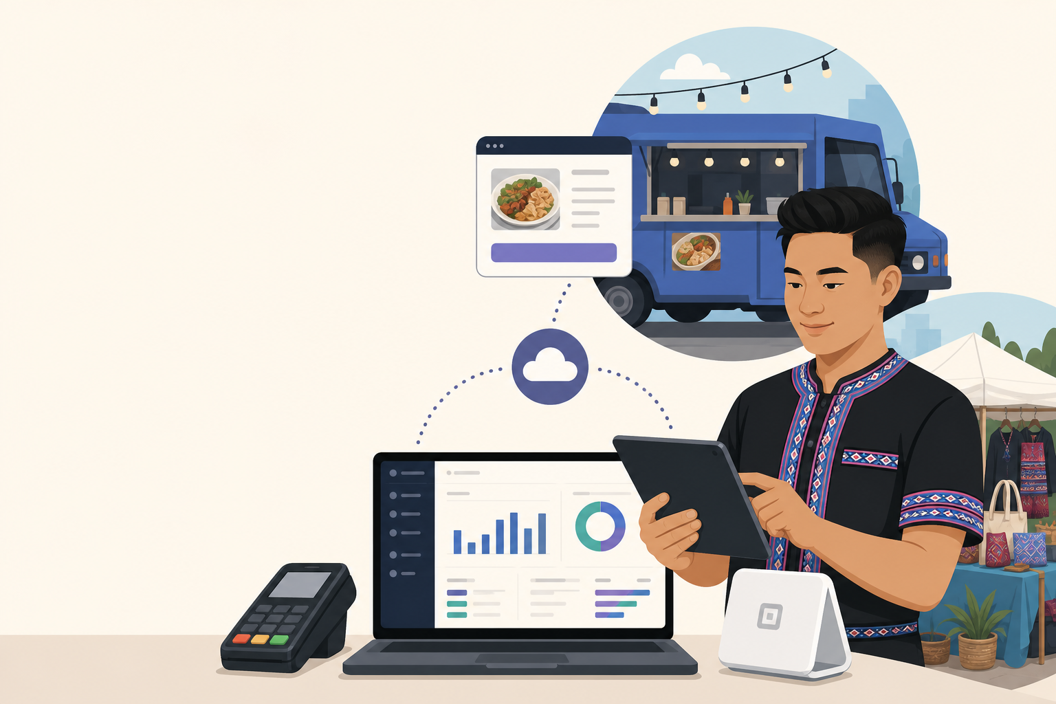 Illustration of a food truck vendor in traditional embroidered attire using a tablet linked to cloud analytics and a laptop dashboard, showcasing ecom