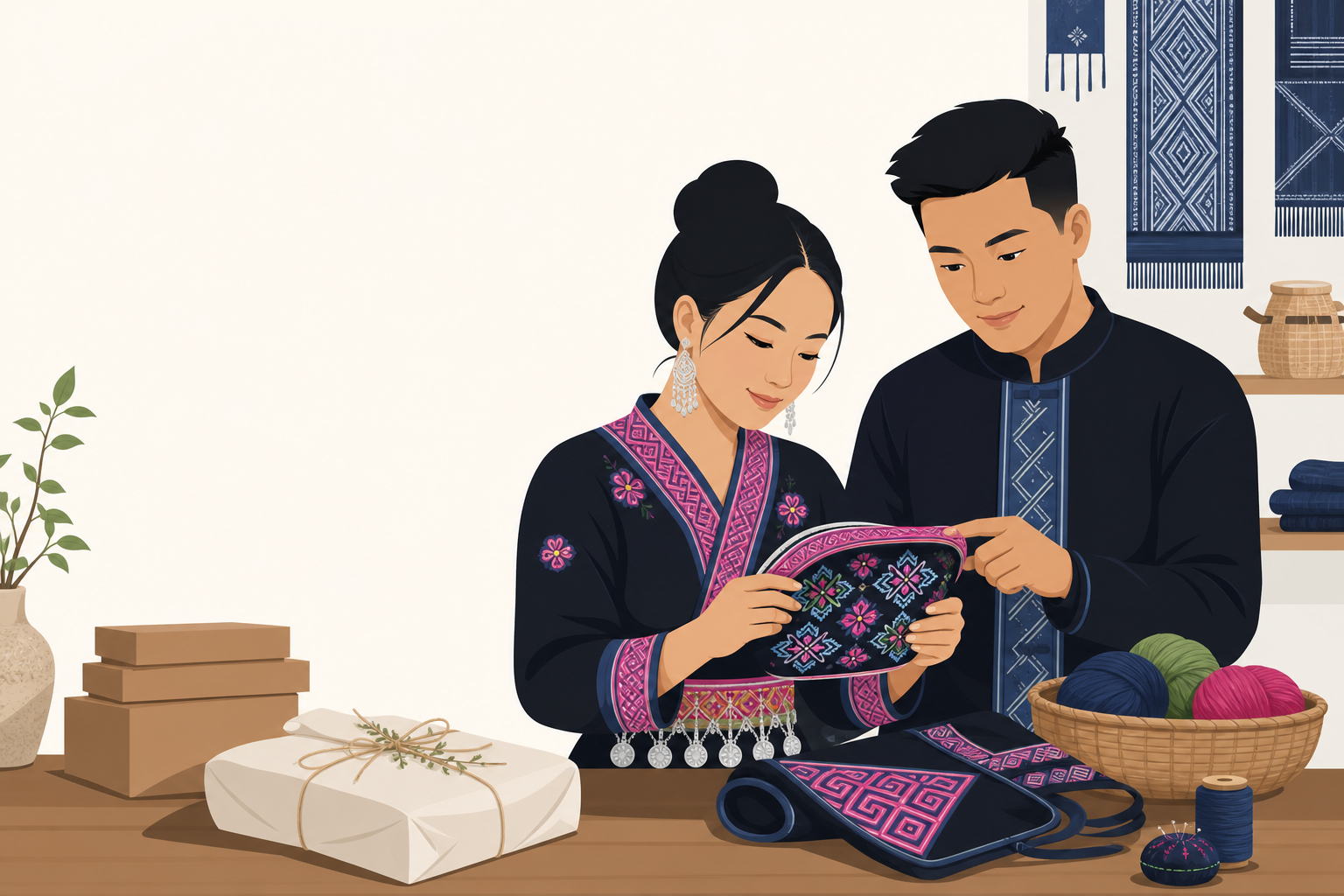 A man and woman in traditional embroidered attire examine a pink and navy patterned pouch together at a wooden table surrounded by yarn, batik textile