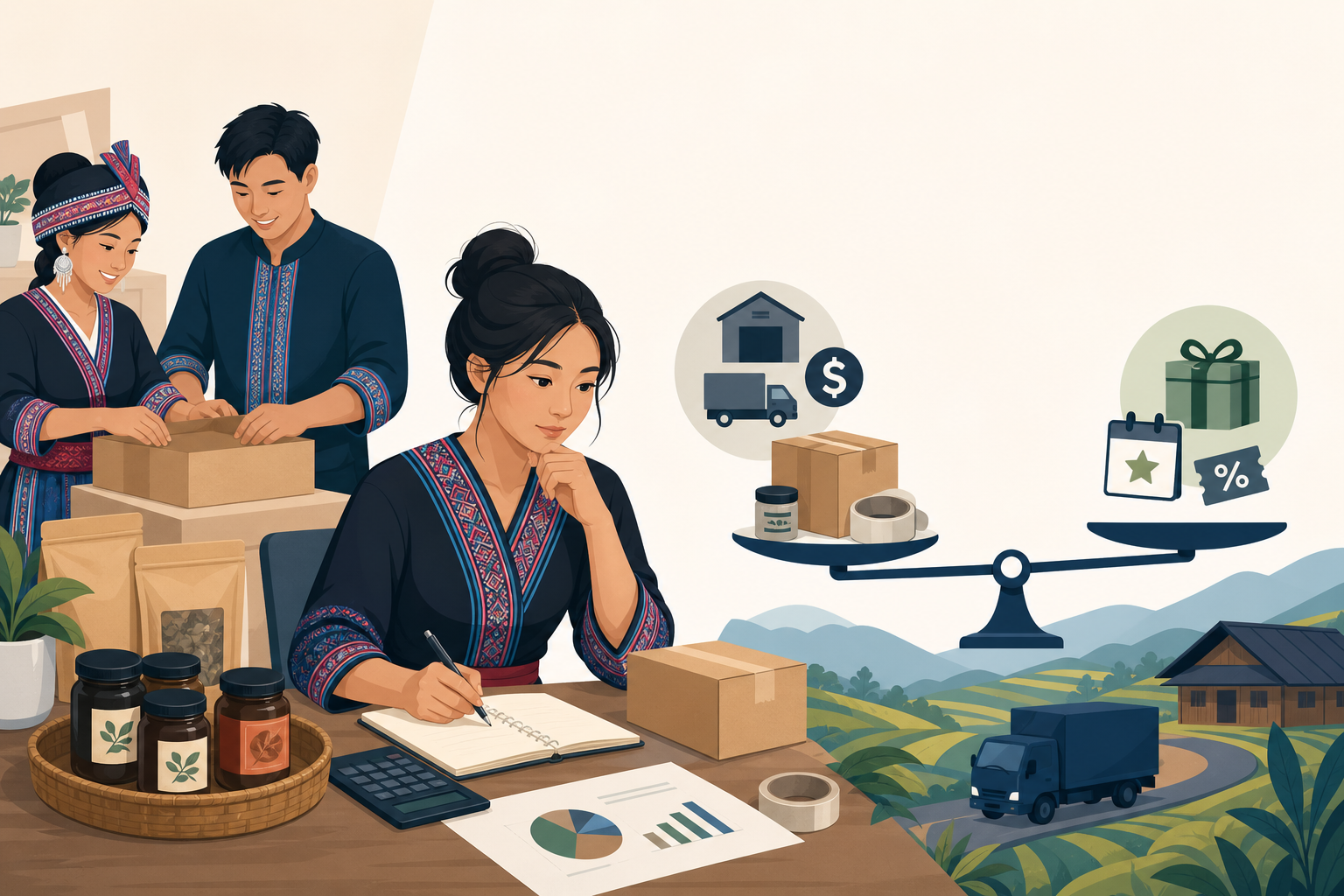 Illustration of artisans packing herbal product jars while a woman plans logistics and pricing charts, symbolizing a subscription business model small
