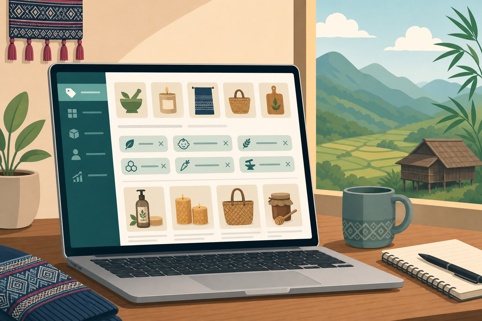 Illustrated laptop screen displaying an online shop's product catalog and filter tags for store SEO customization, set on a wooden desk near a mug, no