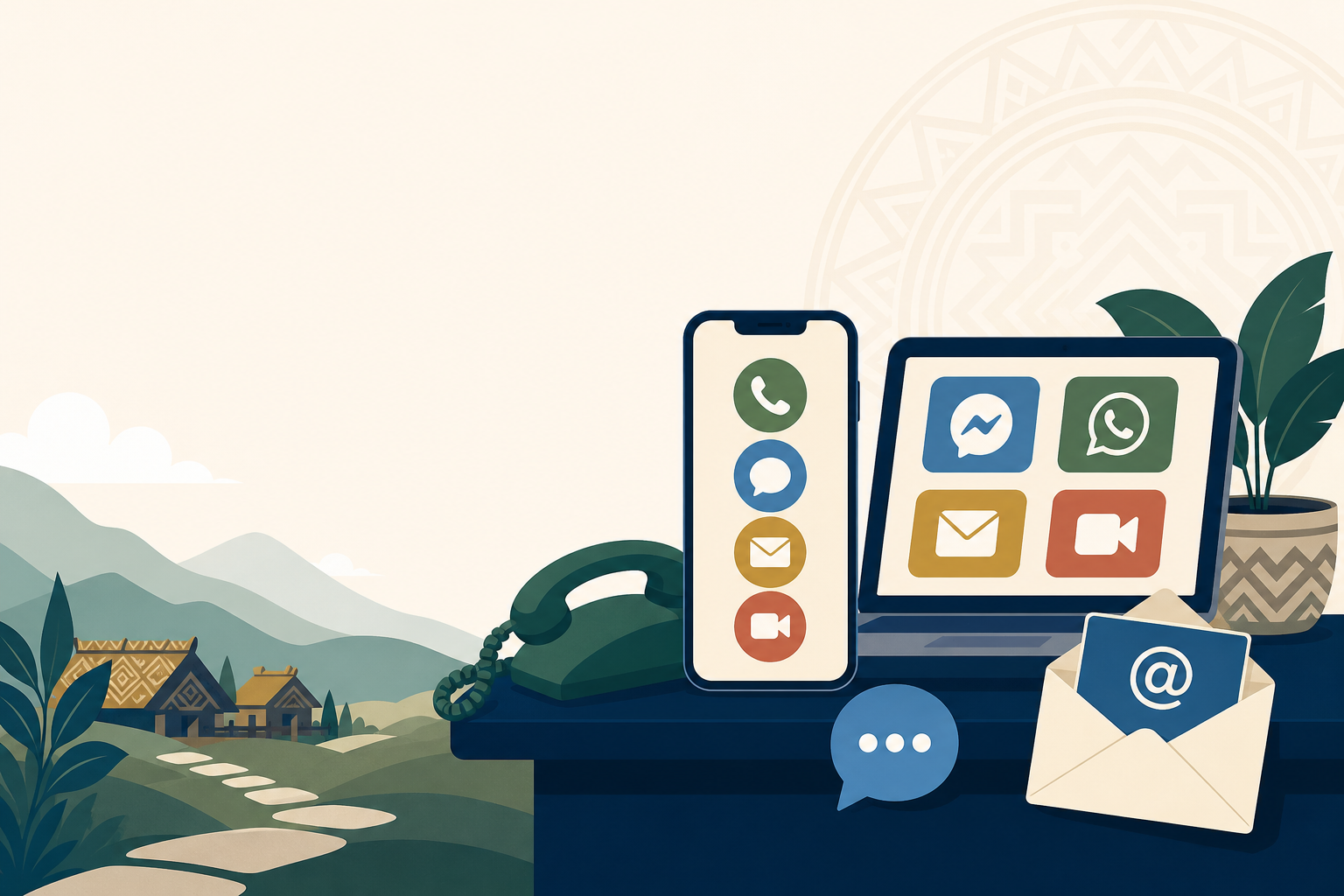 Flat-style illustration of a smartphone, laptop, rotary phone, and email envelope with communication icons on a desk beside a stylized rural village l