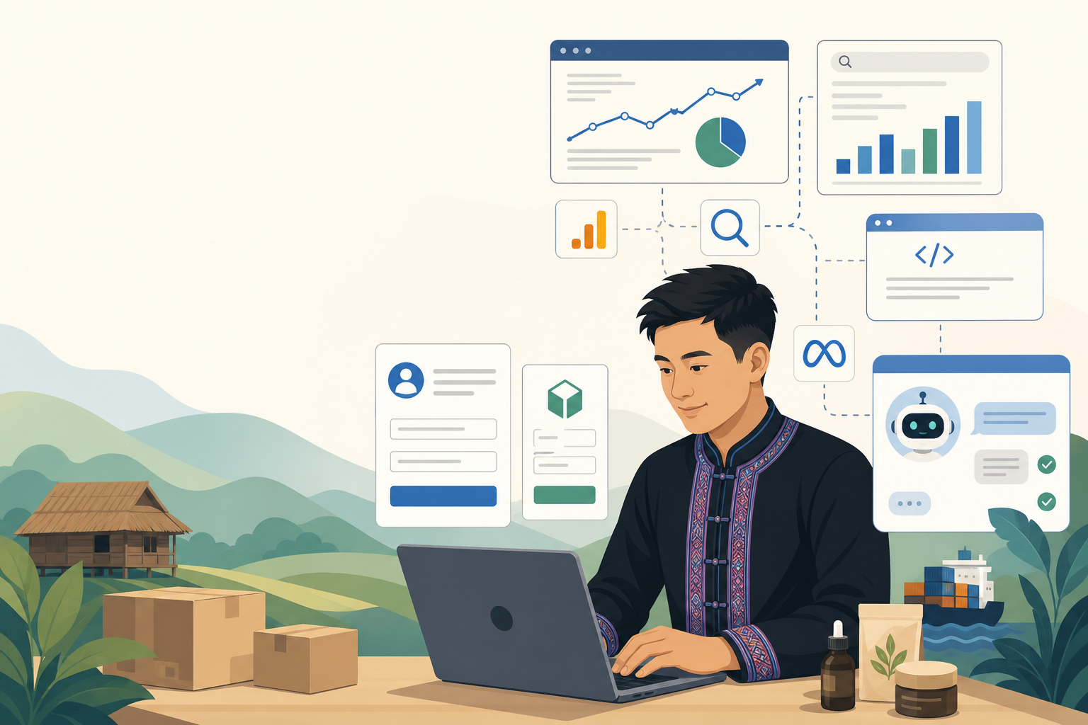 Illustration of a man in traditional Hmong embroidered attire working on a laptop surrounded by analytics dashboards, chatbot icons, and shipping boxe