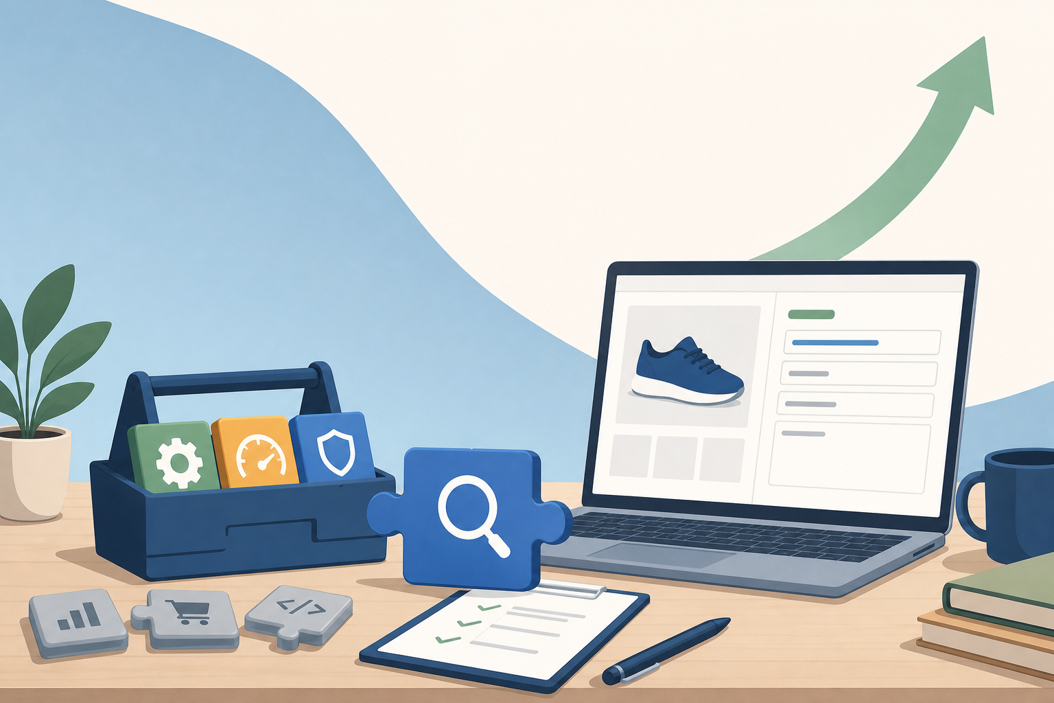 Illustration of a laptop displaying a sneaker product page beside a toolbox of settings icons, puzzle pieces, and a checklist, symbolizing the setup o