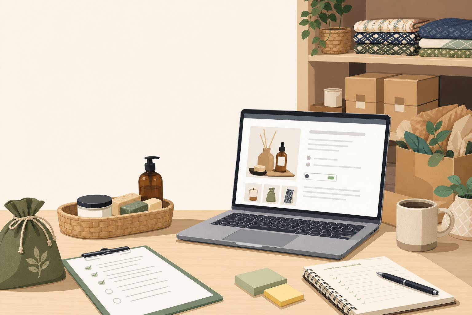 Illustrated workspace with a laptop showing a product listing page beside soap, oils, packaging supplies, and a checklist clipboard, evoking an online