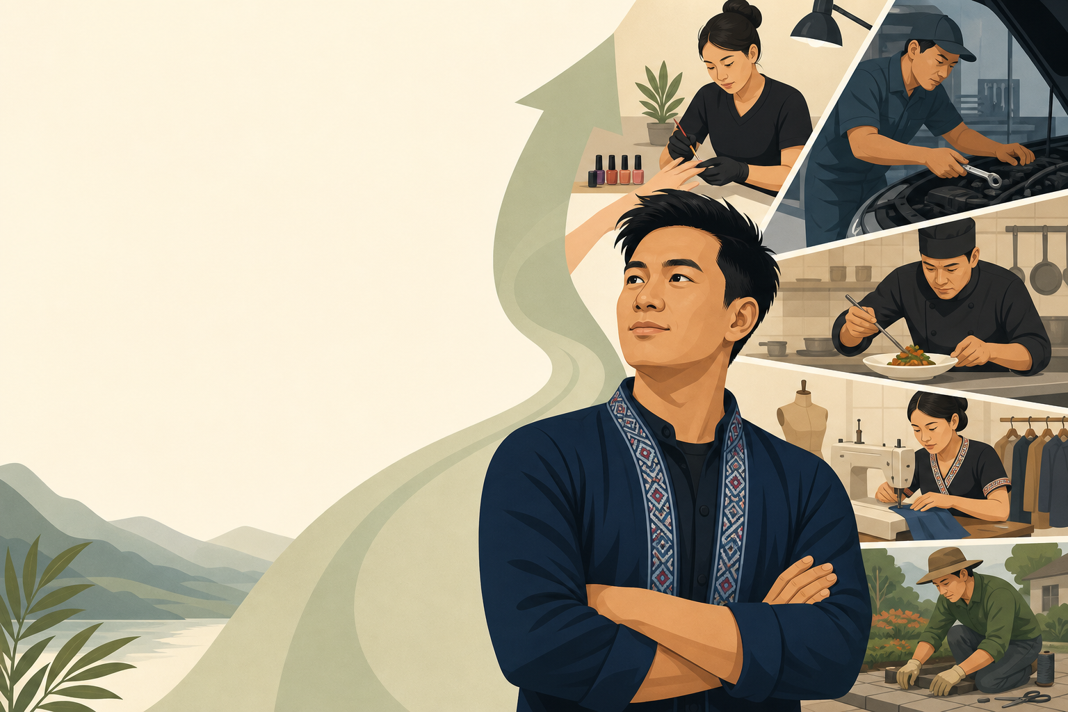 Illustration showing a confident man with arms crossed beside panels of nail technician, mechanic, chef, tailor, and gardener at work, symbolizing how