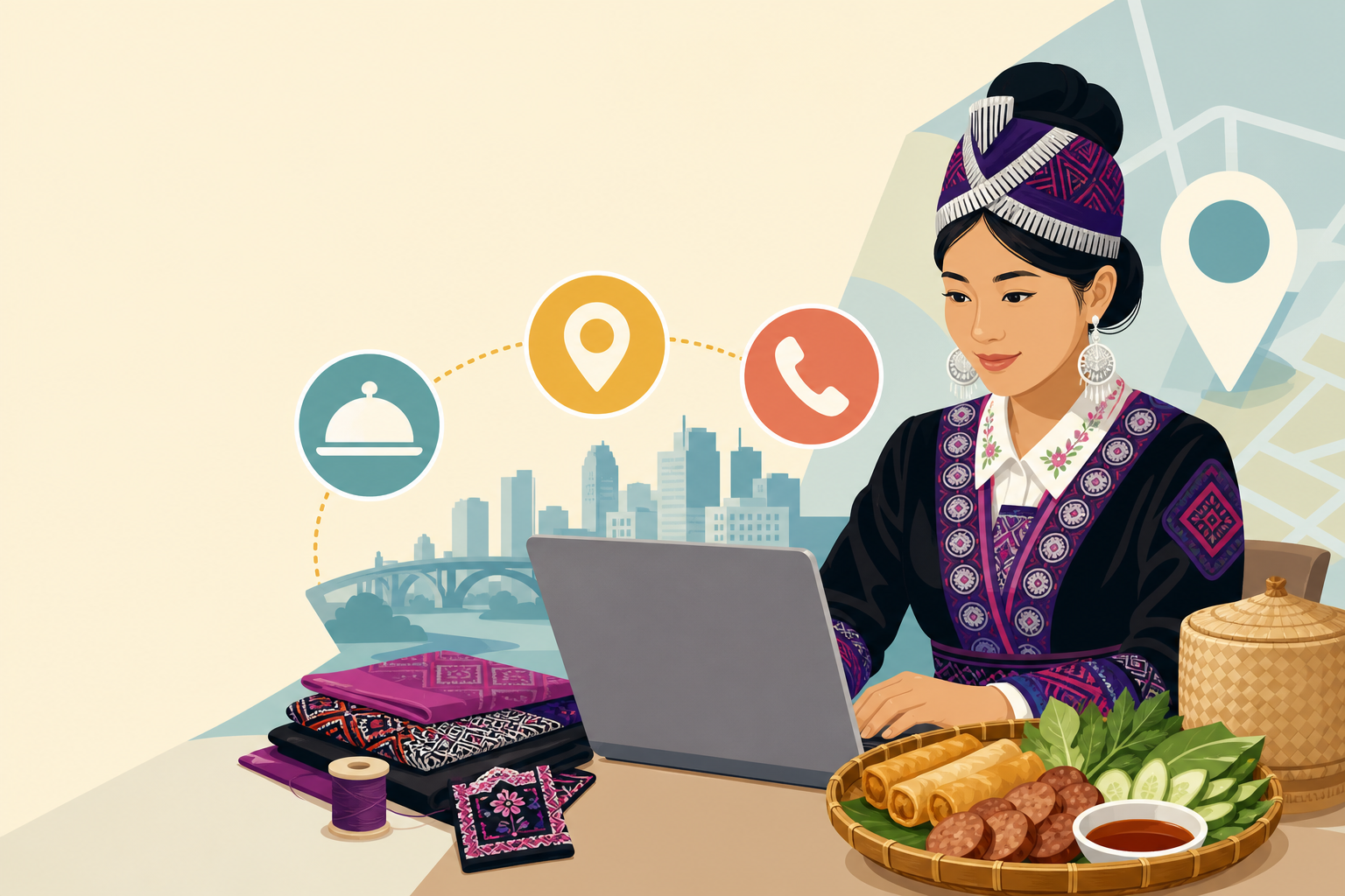 Illustration of a woman in traditional Hmong embroidered attire using a laptop beside folded textiles and a food platter, with icons for delivery, loc