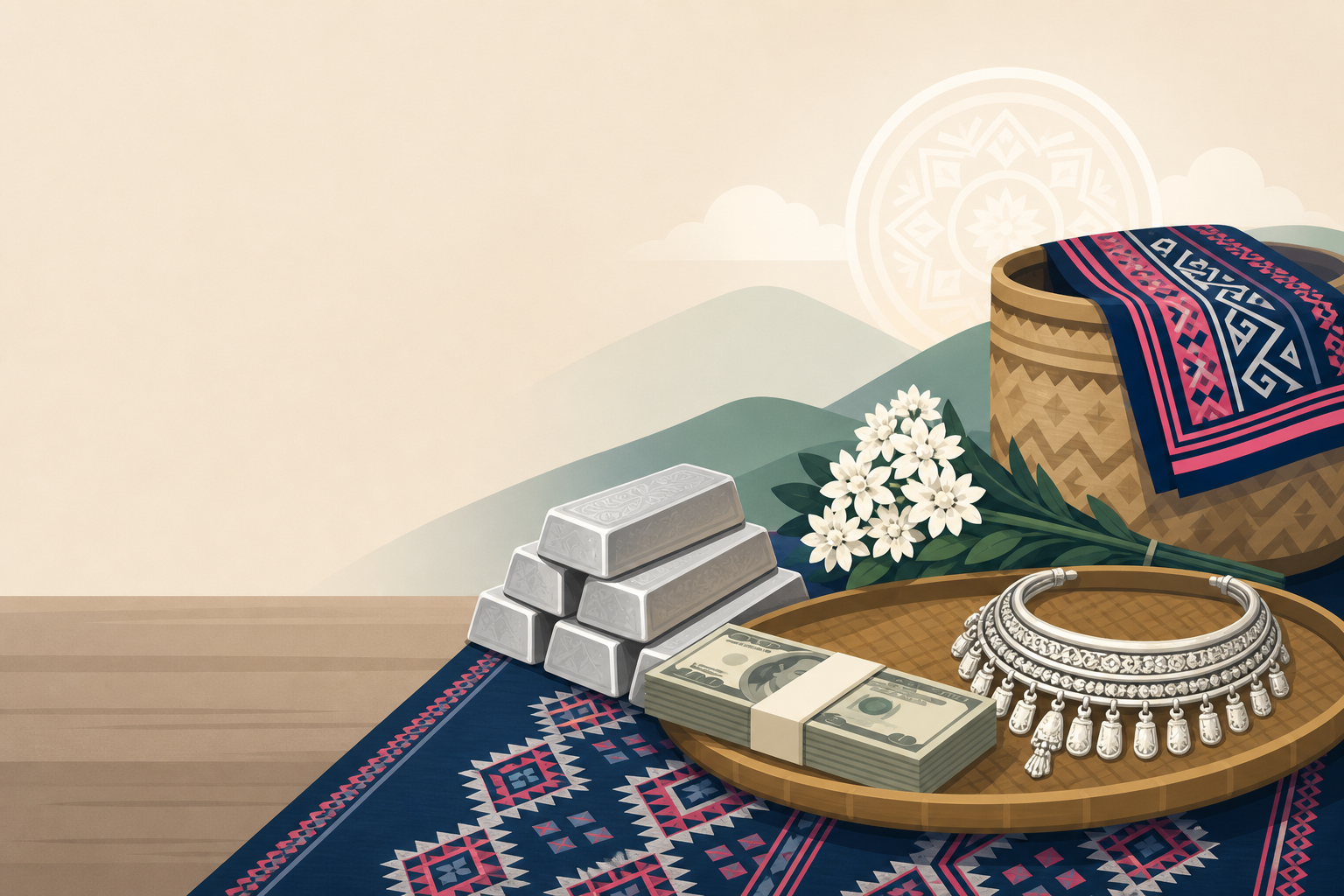 Illustration representing Hmong wedding traditions meaning through silver bars, a bundled banknote stack, an ornate silver neckring on a woven tray, w
