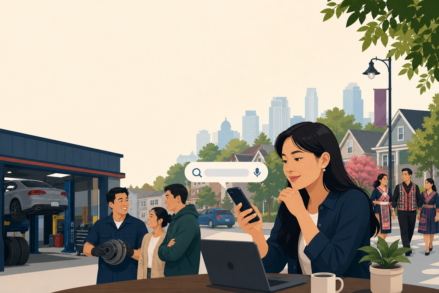 Illustration showing a woman searching on her phone beside a laptop, with a search bar bubble above her, a car repair shop, and a city street scene, r