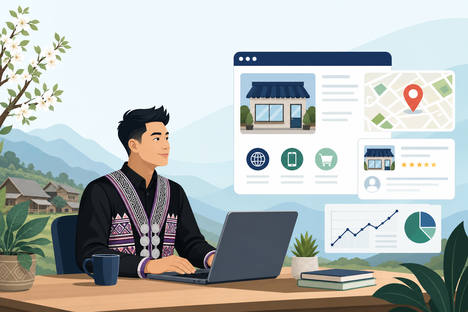 Illustration of a man in traditional Hmong attire using a laptop at a mountain-view desk, with graphics depicting a storefront, map pin, star reviews,