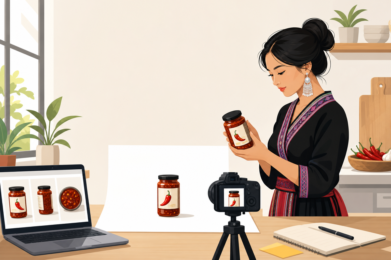 Illustration of a woman in traditional attire photographing a chili sauce jar with a tripod camera and laptop showing product photos, representing the