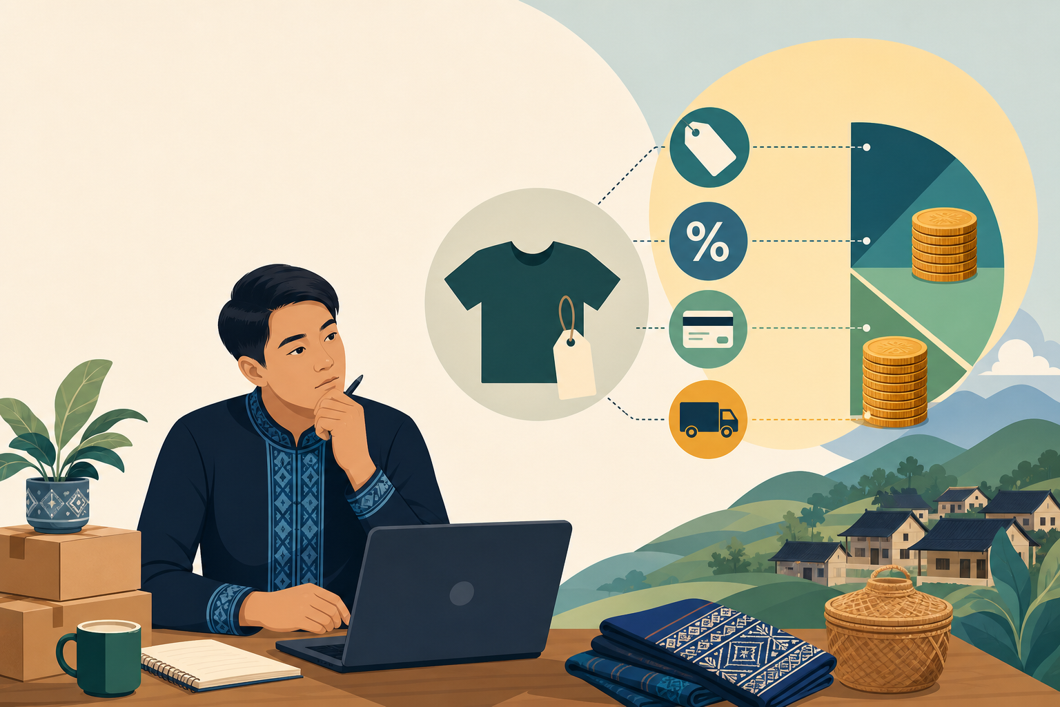 Illustration of a thoughtful man in traditional attire working on a laptop beside shipping boxes, coffee, and folded textiles, with icons for pricing,