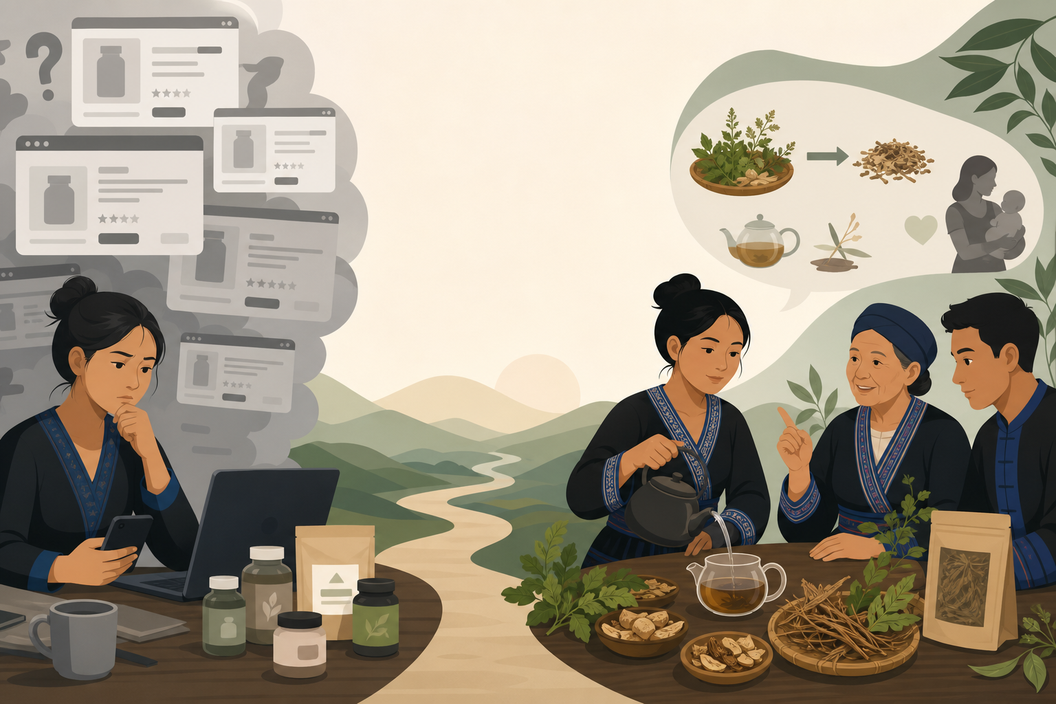 Illustration contrasting a confused woman surrounded by cluttered online supplement listings with a warm scene of Hmong women preparing herbal tea fro