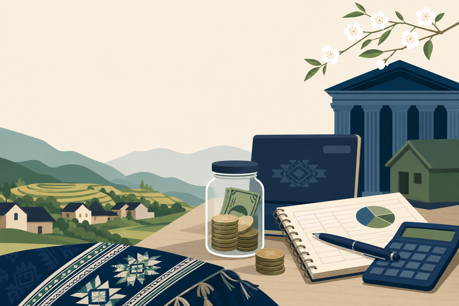 Illustrated savings jar, ledger with pie chart, calculator, and bank building beside a patterned textile and rural village landscape symbolize financi