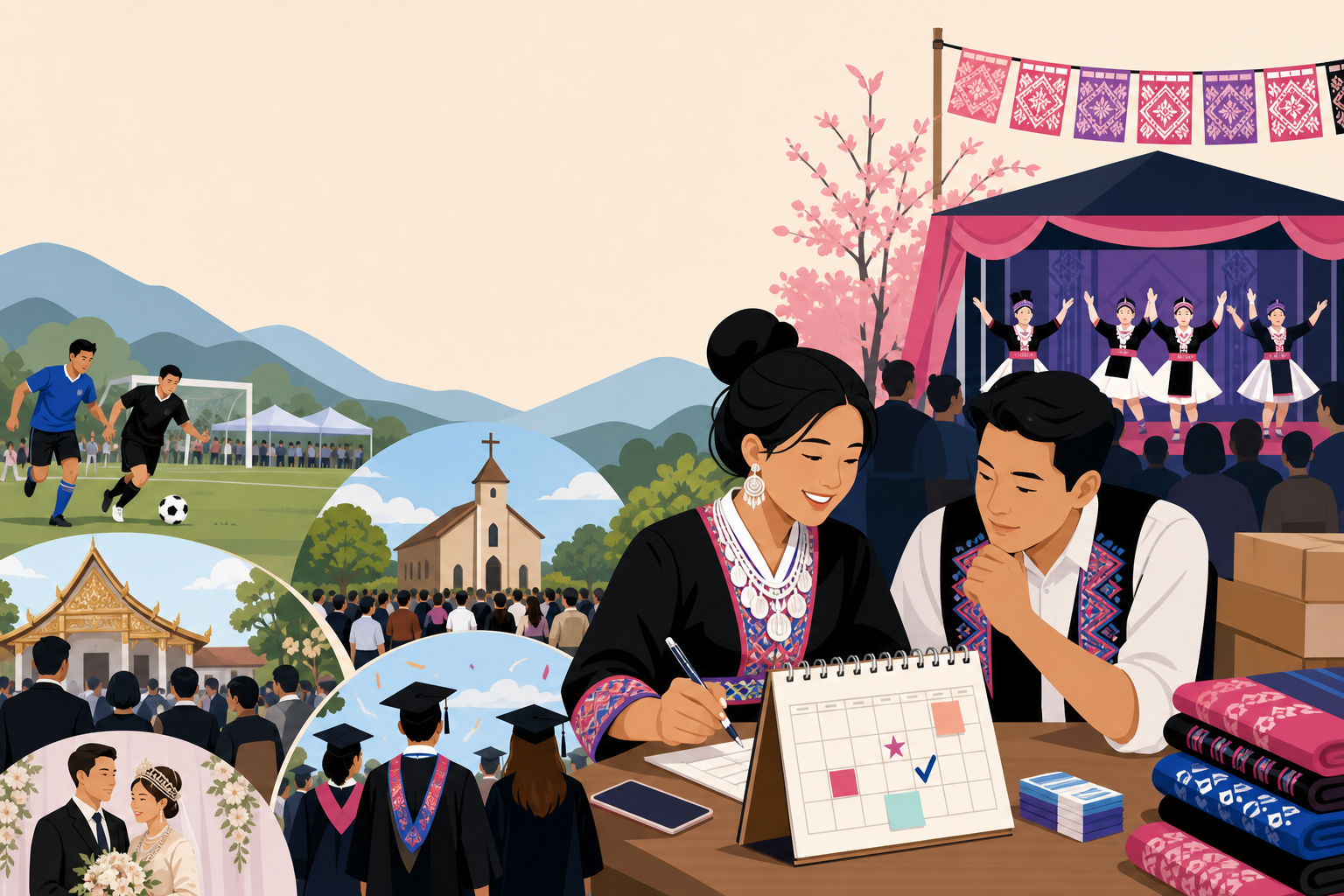 Illustration of a Hmong couple in traditional dress marking a desk calendar for quarterly marketing planning for small business, surrounded by circula