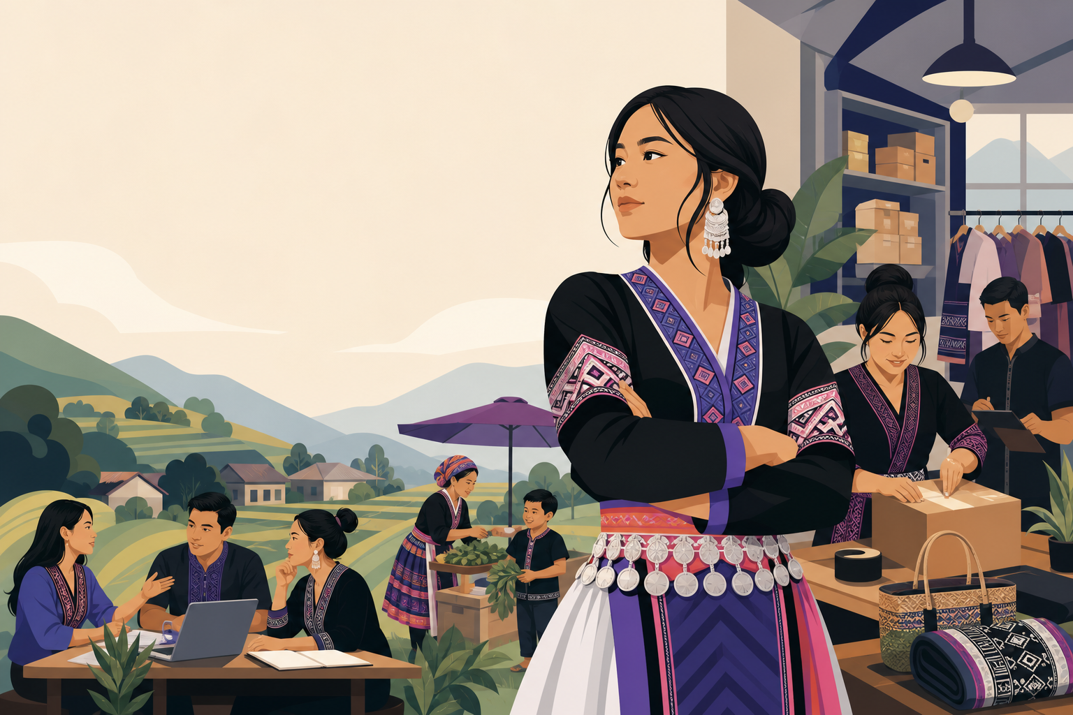 Illustration depicting Hmong women entrepreneurs in traditional embroidered attire packing handmade textiles and baskets in a shop while others collab