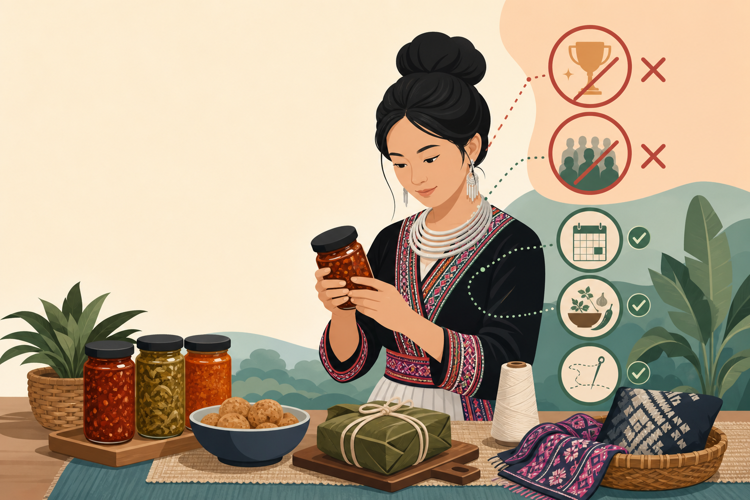 Illustration of a woman in traditional embroidered attire examining a jar of chili sauce beside handmade goods and fabric, with icons representing an 