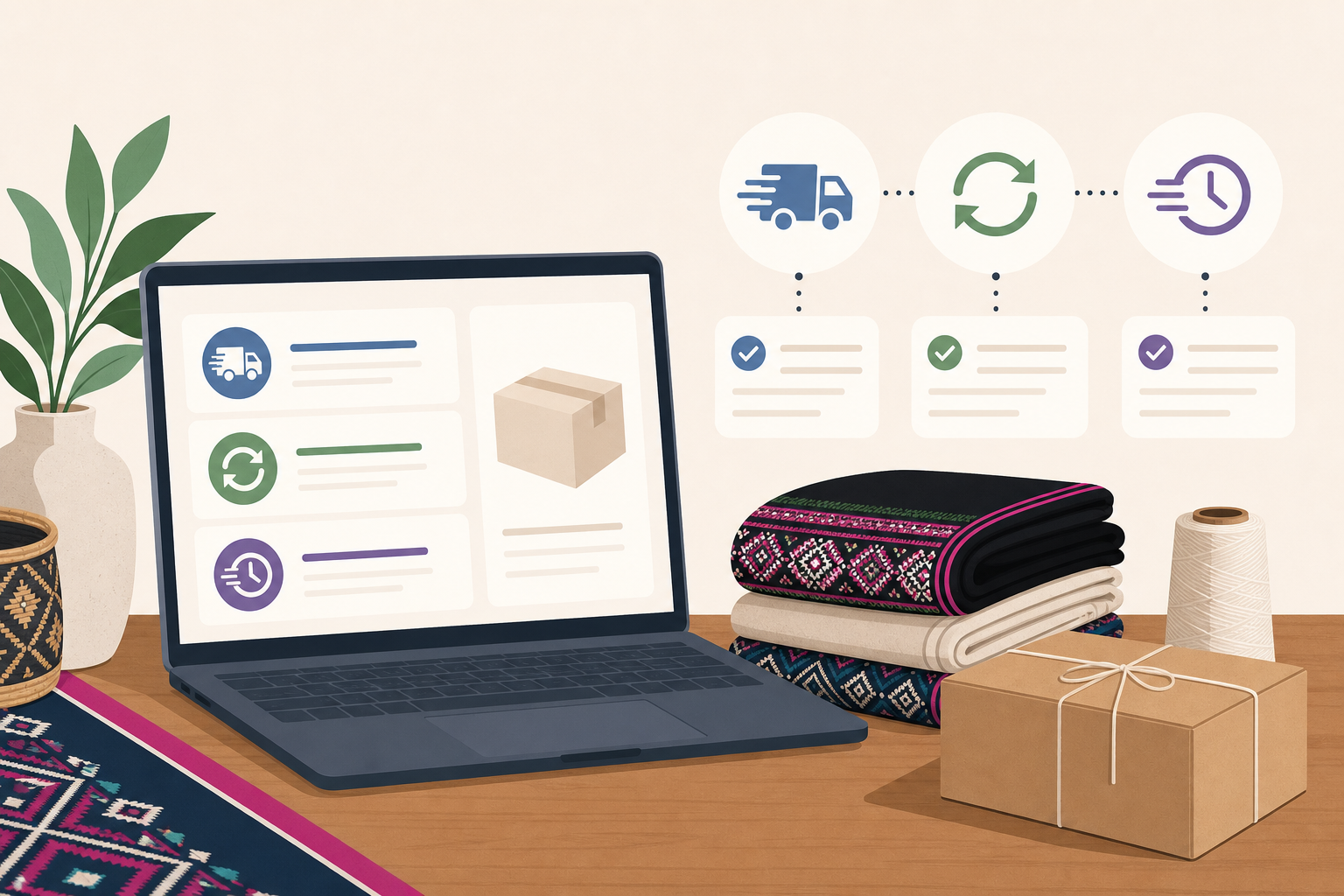 Illustration of a laptop displaying shipping and tracking icons beside folded textiles, a wrapped parcel, and thread spool, representing an item descr