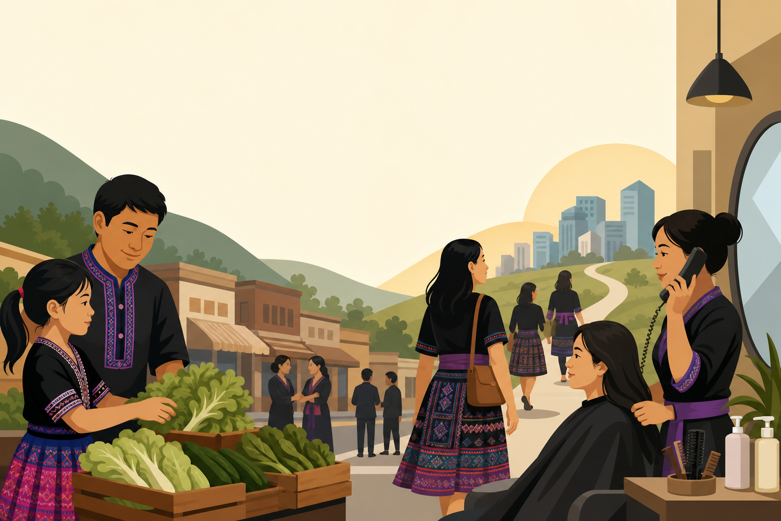Illustration of a Hmong village blending traditional dress and market stalls with a modern city skyline, highlighting a hair salon scene that represen