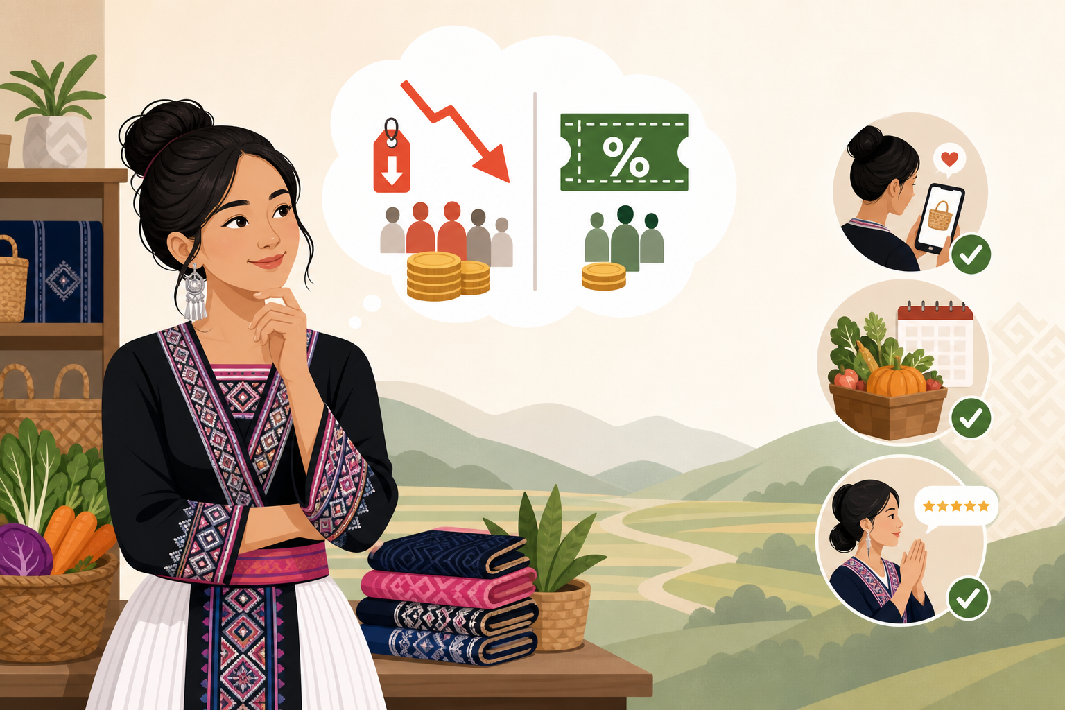 Illustrated woman in traditional embroidered dress considers seller coupons discount codes versus price cuts, shown in a thought bubble with icons, be