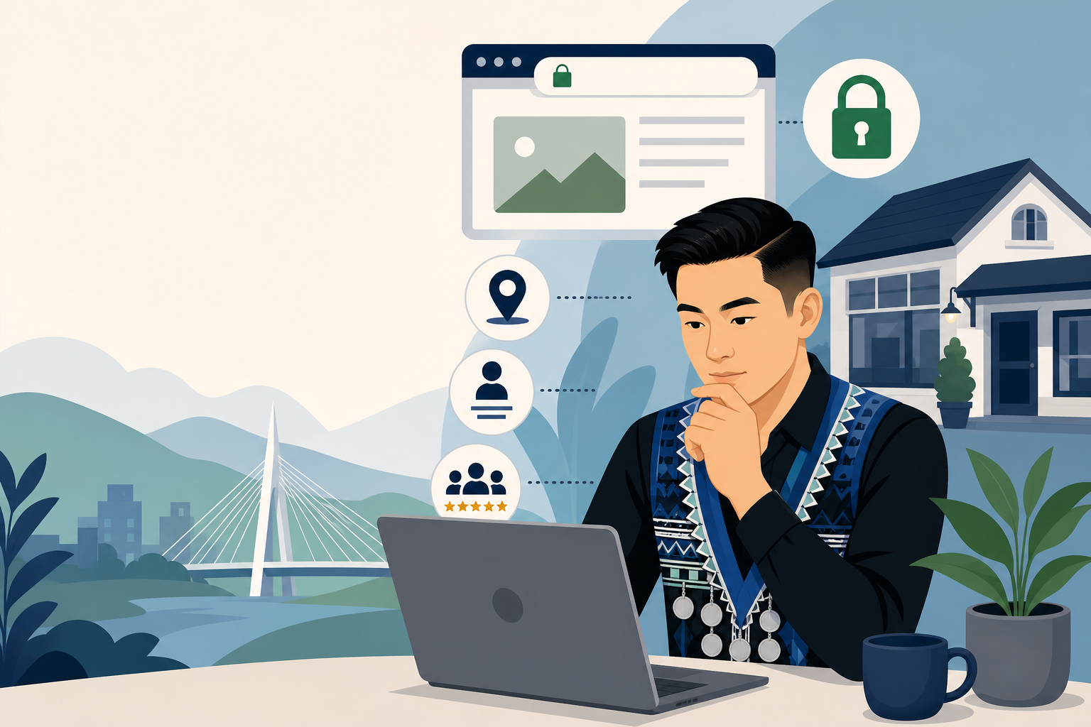 Illustrated man in traditional attire studies a laptop while icons for security, location, profile, and star ratings highlight common small business w