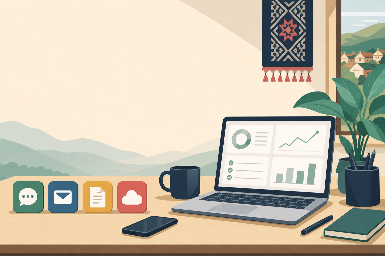 Illustrated desk scene with a laptop showing charts and checklists, app icons for chat, email, documents, and cloud storage, plus a phone, mug, plant,
