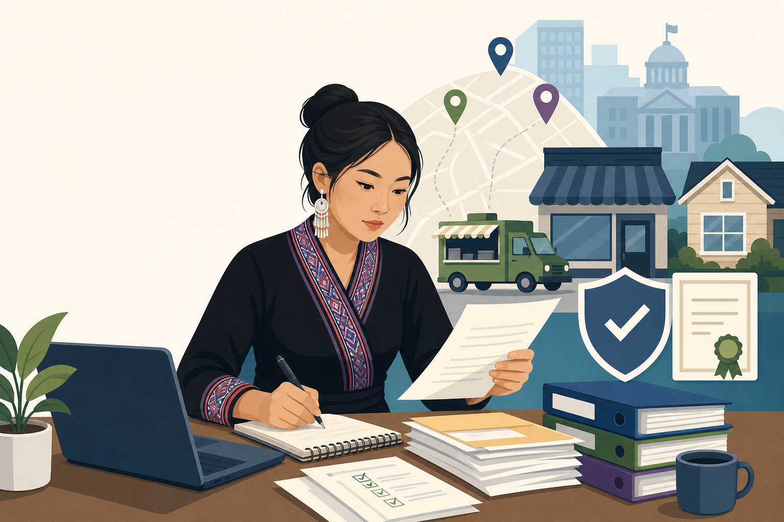 Illustrated woman reviewing paperwork and writing notes at a desk with a laptop, binders, and coffee, symbolizing advice for new small business owners