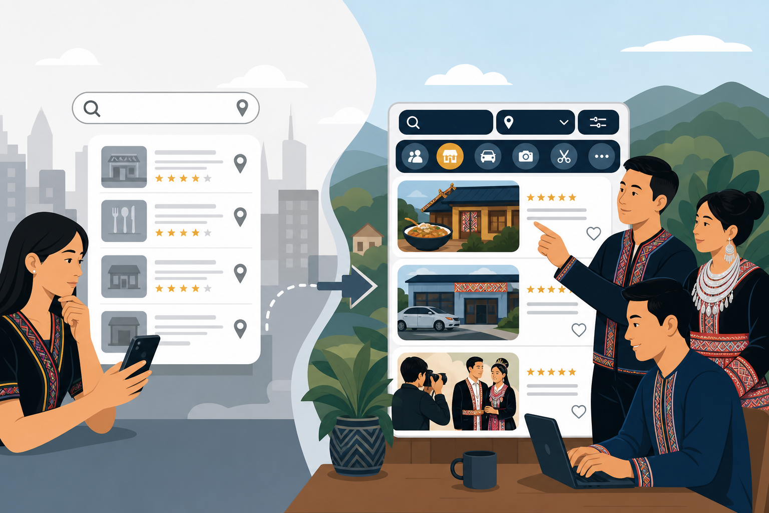 Illustration contrasting a generic city search app on the left with a rural search interface showing starred listings for a restaurant, garage, and ph