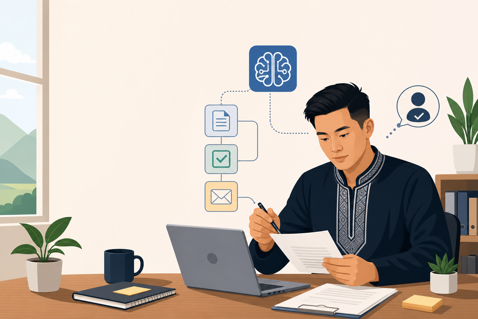 Illustration of a man reviewing a document at a desk with a laptop, surrounded by icons representing document, checklist, email, and brain workflow st