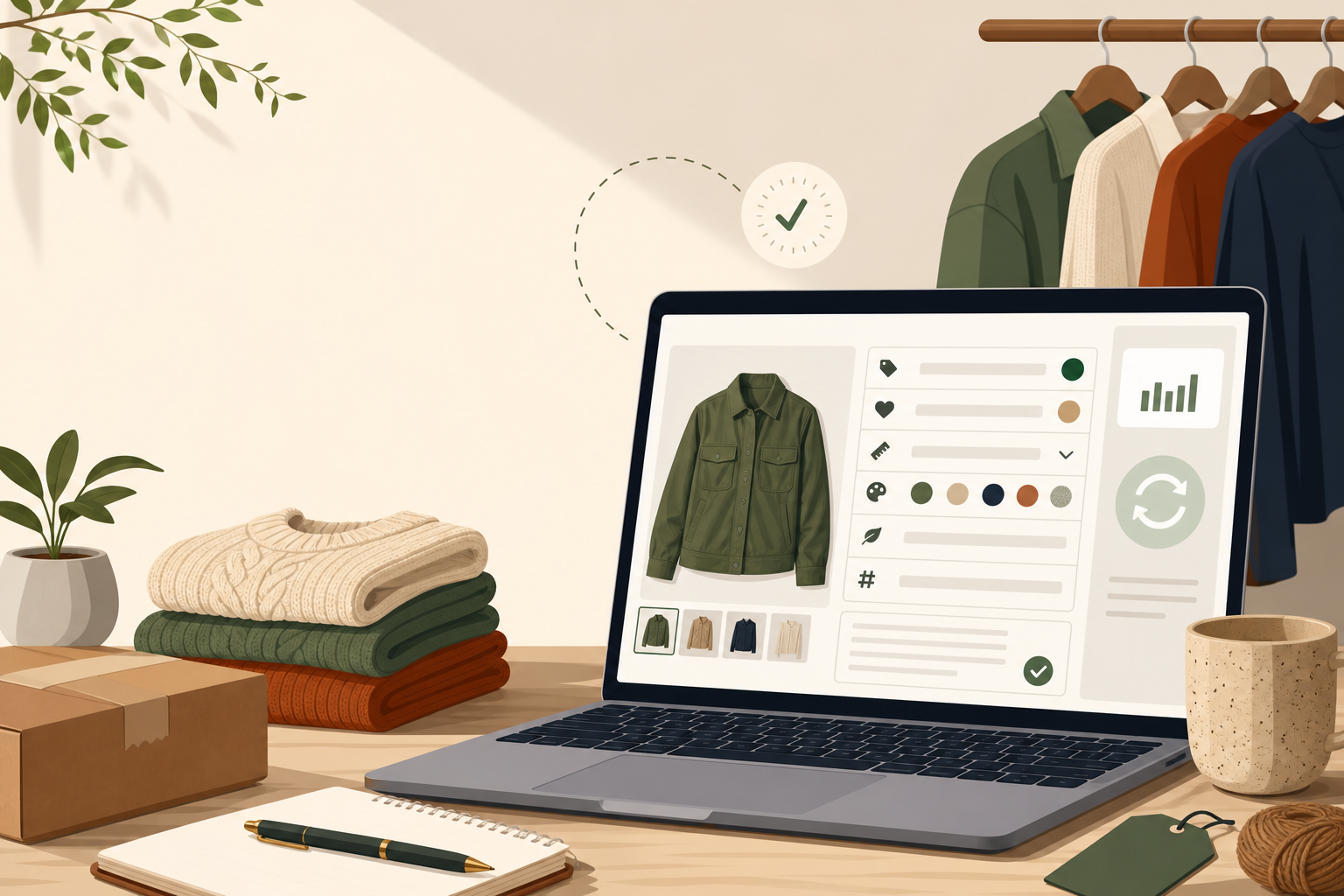 Illustrated laptop screen showing a product details listing attributes for a green jacket, surrounded by folded sweaters, a shipping box, notebook, pl
