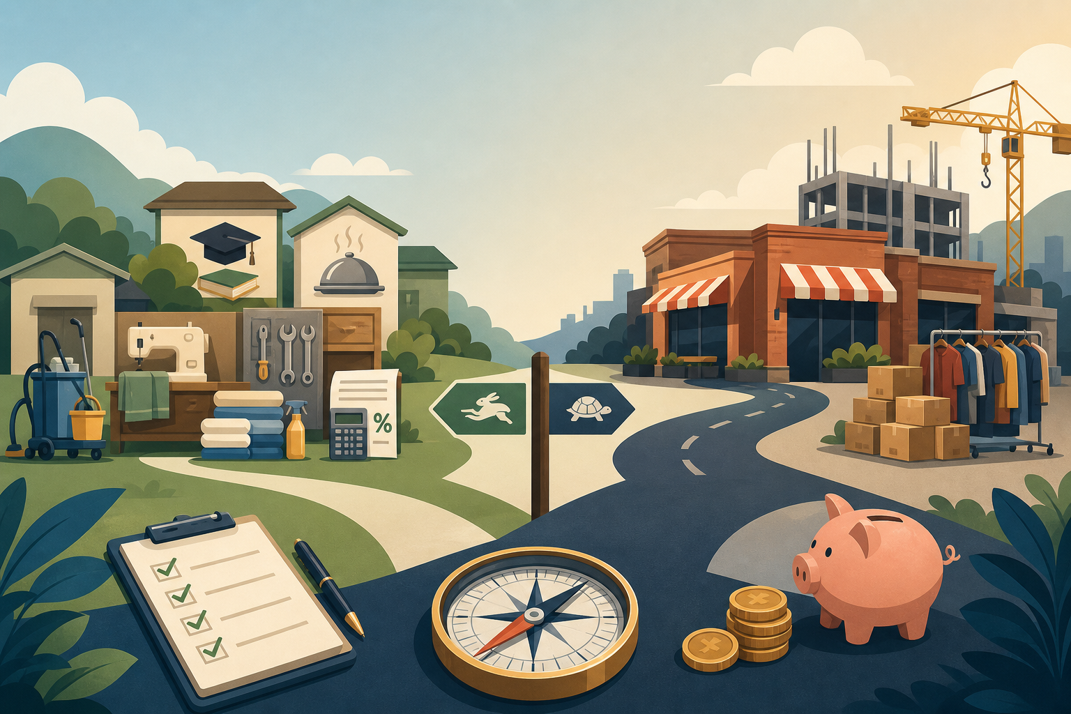 Illustration depicting a fork in the road with rabbit and turtle signs, a checklist, compass, piggy bank, coins, and contrasting scenes of small servi