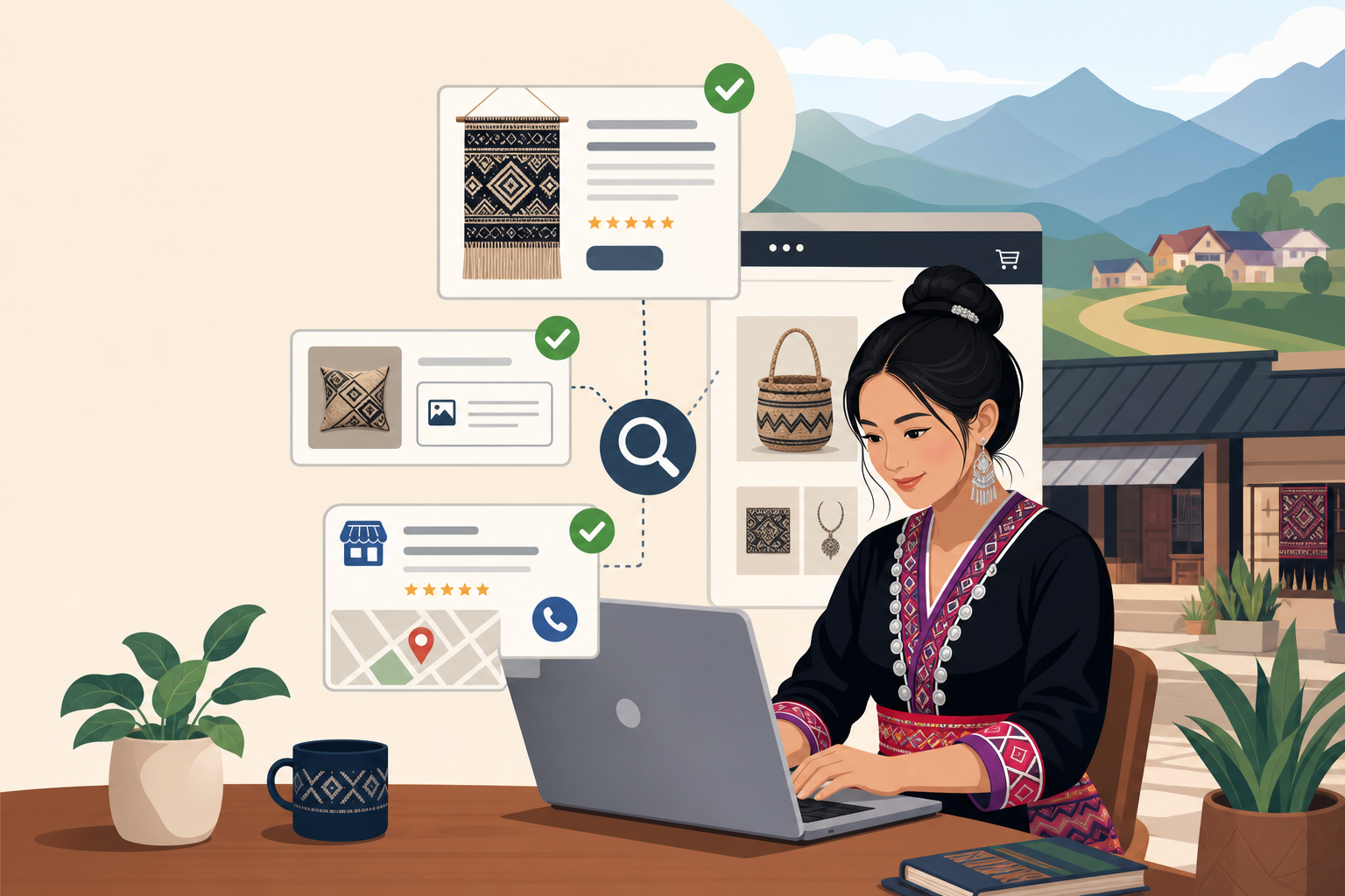 Illustration of a woman in traditional attire using a laptop to manage an online craft shop, surrounded by product listing icons, reviews, and search 