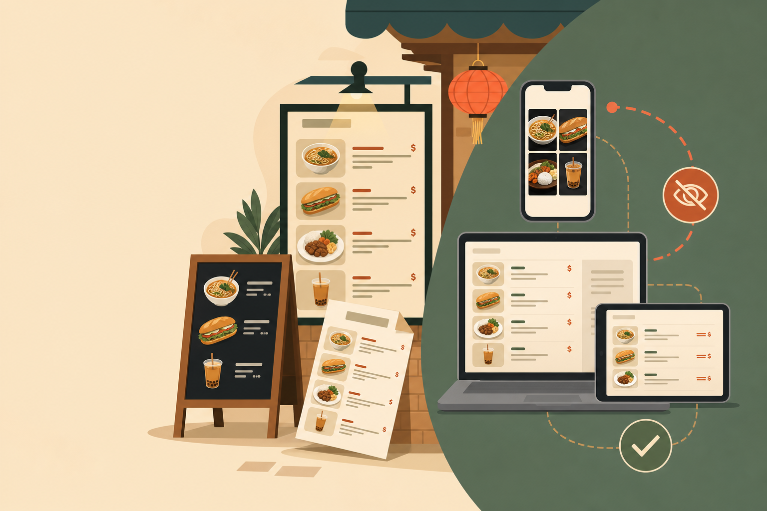Illustration contrasting a physical restaurant storefront with printed menus against digital screens showing phone, laptop, and tablet menu displays, 
