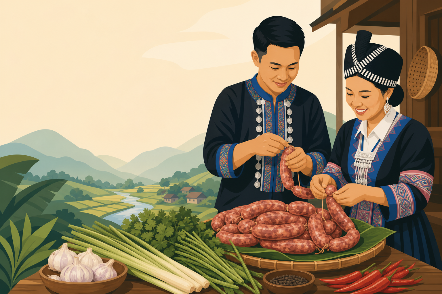 Illustrated couple in traditional embroidered attire tie coiled links on a bamboo tray beside garlic, lemongrass, cilantro, and chilies, showcasing th