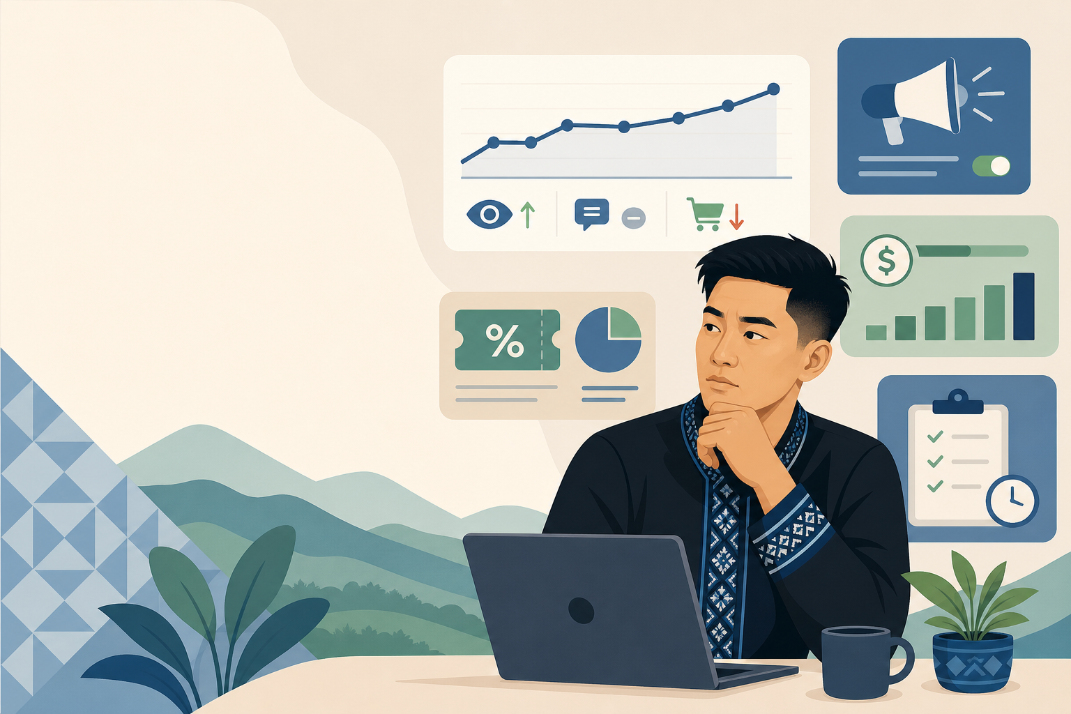 Illustrated man in a patterned shirt sits thoughtfully at a laptop surrounded by icons for growth charts, discounts, marketing, and checklists, repres