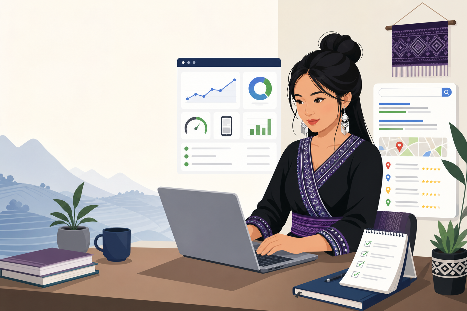 Illustrated woman in traditional purple-trimmed attire types on a laptop at a desk, surrounded by analytics dashboards, search result panels, and map
