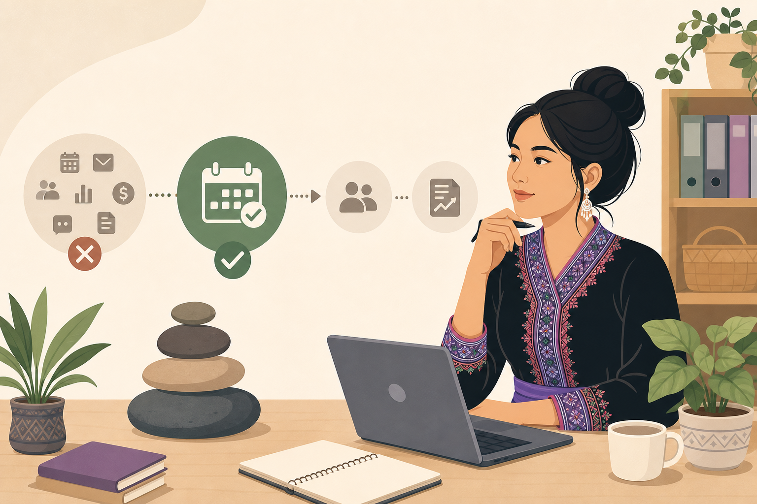 Illustration of a woman in traditional embroidered attire sitting at a desk with a laptop, notebook, coffee, plants, and stacked stones, surrounded by