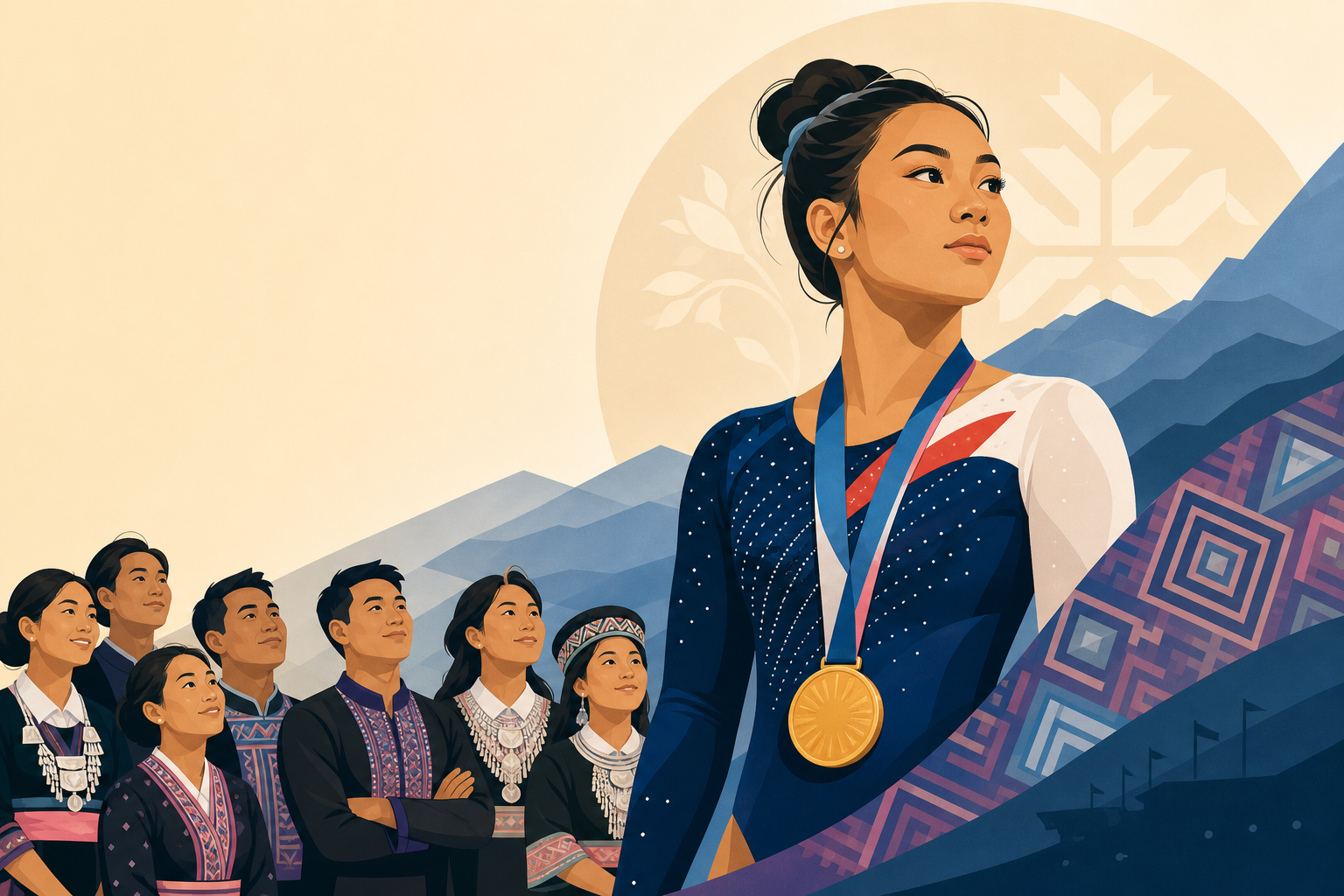 Illustrated banner honoring Suni Lee Hmong American heritage, featuring a gold-medal gymnast in a navy leotard beside community members in traditional