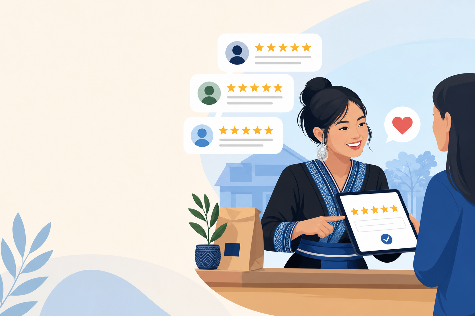 Illustration of a smiling shop owner in traditional attire showing a customer a five-star rating on a tablet at a counter, with review bubbles above s