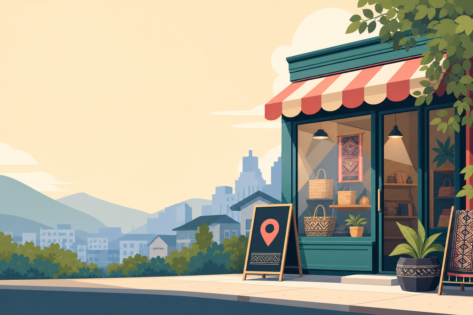 Illustrated storefront with a teal awning, woven baskets and patterned textiles in the window, a sidewalk sign with a location pin, and a distant city