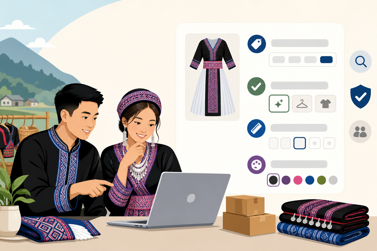 Two people in traditional embroidered attire browse a laptop displaying a dress alongside a product details listing attributes panel with size, color,