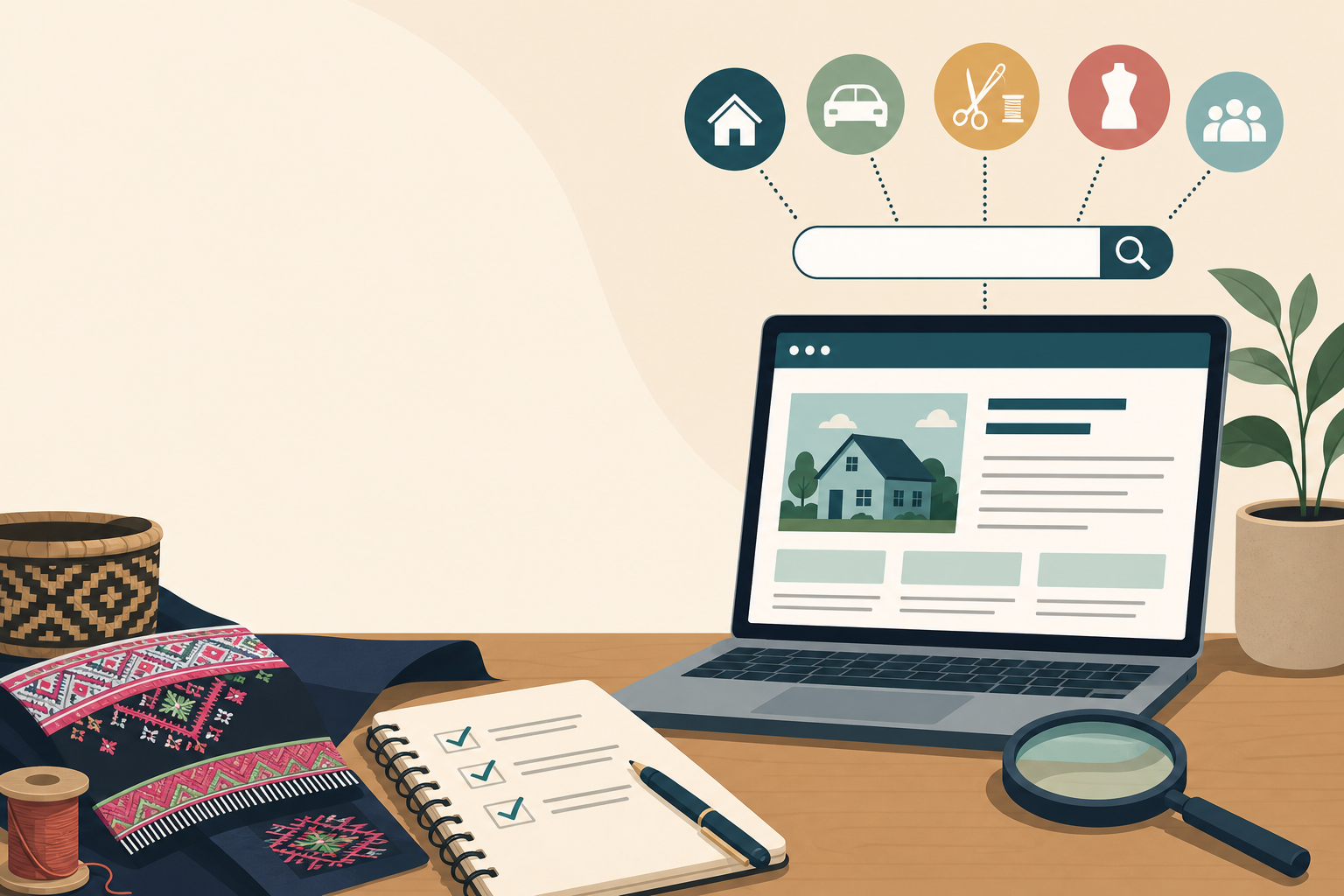 Illustration showing a laptop with a website mockup and search bar linked to home, car, tailoring, fashion, and community icons, alongside embroidered
