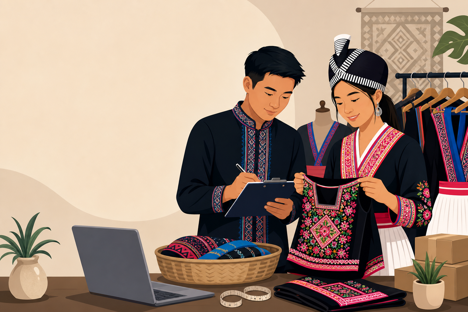 Illustration of a woman in traditional embroidered attire showing a folded garment to a man taking notes on a clipboard, surrounded by fabrics, a lapt
