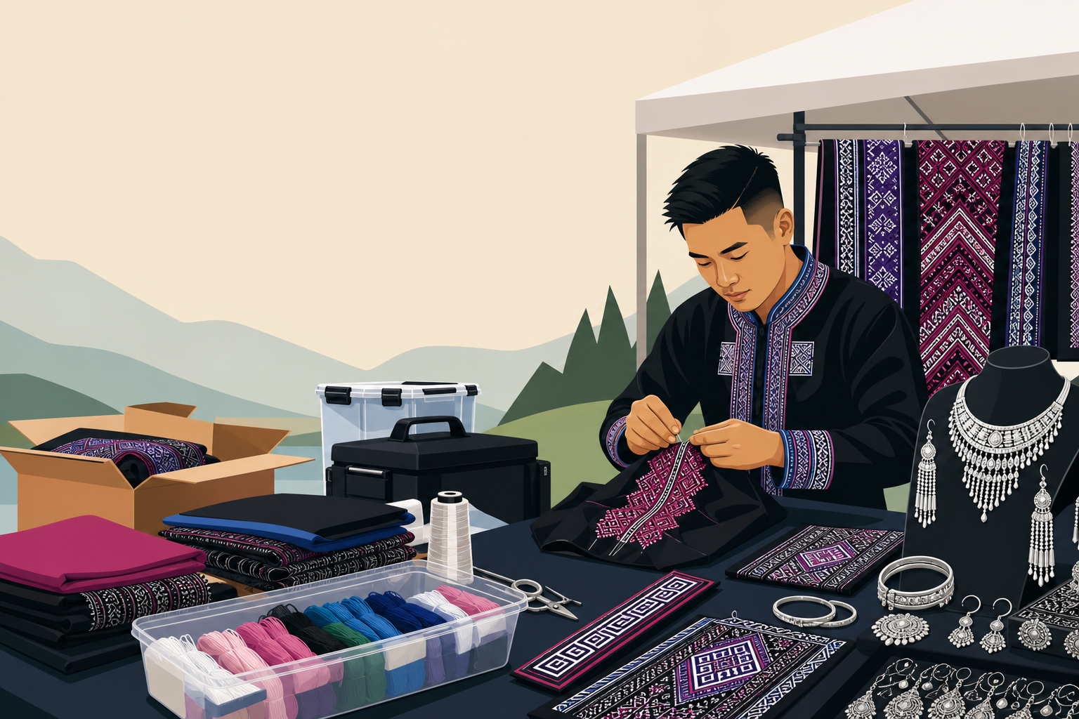 A young man hand-stitches traditional embroidered fabric at a market stall displaying textiles, thread spools, and silver jewelry typical of a Hmong a