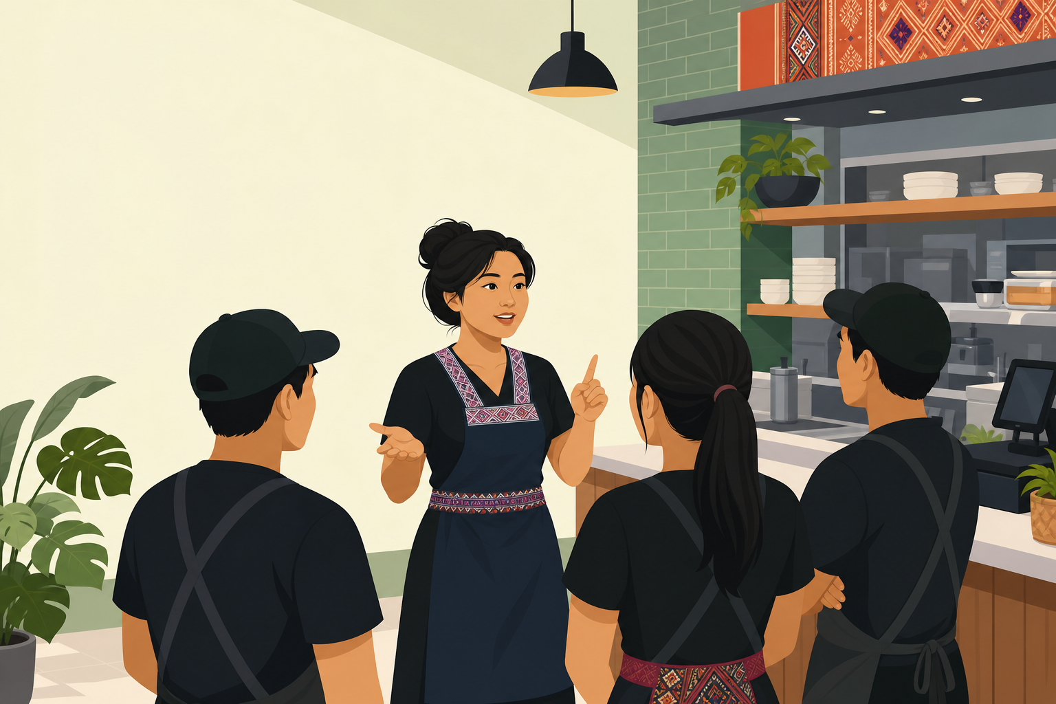 Illustrated cafe manager in an embroidered apron gestures while briefing three uniformed staff members near shelves of dishware, reflecting the proces