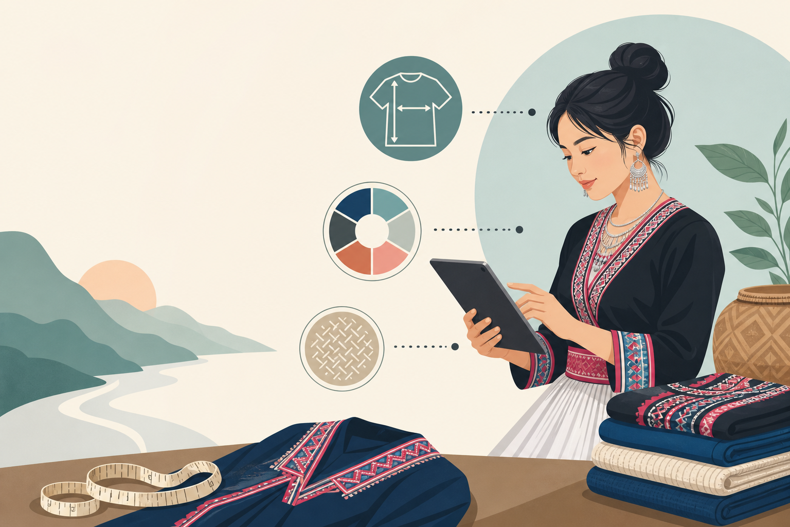 Illustration of a woman in traditional embroidered attire using a tablet beside icons for sizing, color palette, and fabric texture, representing prod